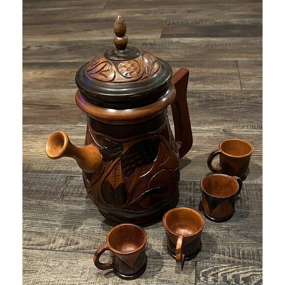 Vintage Hand Carved Teak Wood Tea Pot Pitcher Set w/ 4 cups Lid - Very Nice! - Picture 8 of 9
